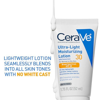 CeraVe Ultra-Light Moisturizing Lotion With SPF 30, Daily Face Moisturizer with SPF, Formulated with Hyaluronic Acid & Ceramides, Broad Spectrum SPF, Oil Free, Matte Finish, 1.7 Ounce