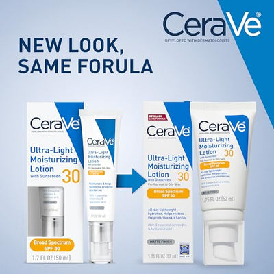 CeraVe Ultra-Light Moisturizing Lotion With SPF 30, Daily Face Moisturizer with SPF, Formulated with Hyaluronic Acid & Ceramides, Broad Spectrum SPF, Oil Free, Matte Finish, 1.7 Ounce