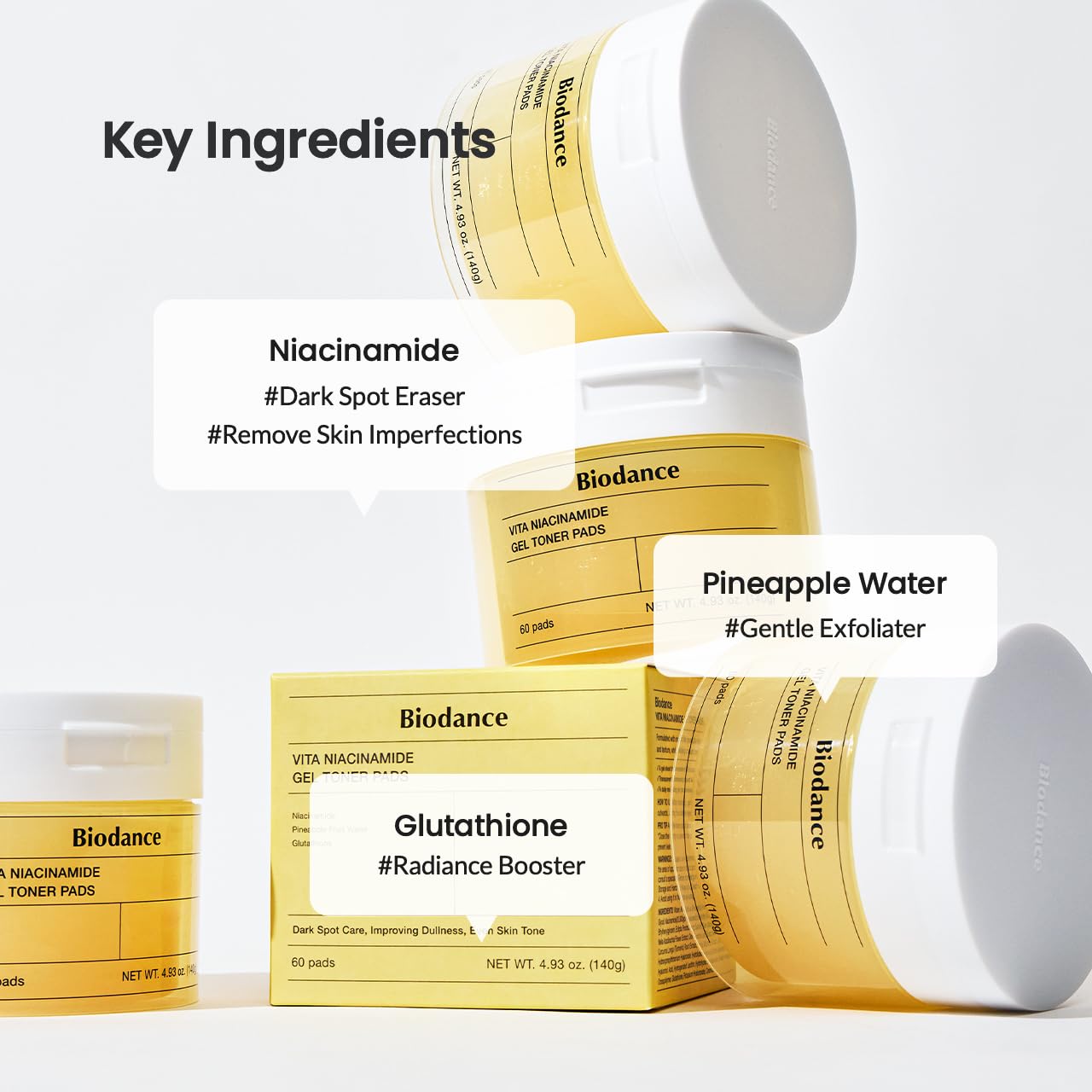 Biodance Vita Niacinamide Gel Toner Pads, Dark Spot Corrector, Evening Skin Tone, Hydrating for Sensitive Skin, Gentle Exfoliating Korean Toner Pads, 4.93 fl.oz.(140g)*60Pads
