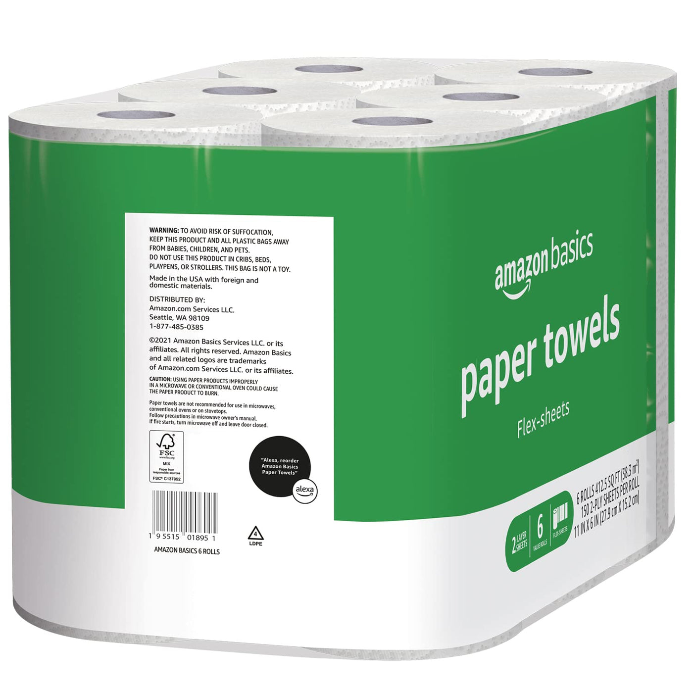 Amazon Basics 2-Ply Flex-Sheets Paper Towels, 12 Basics Rolls = 32 Regular Rolls, Everyday Value with 150 Sheets per Roll