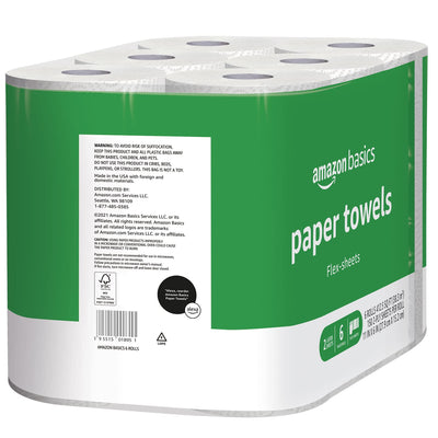 Amazon Basics 2-Ply Flex-Sheets Paper Towels, 12 Basics Rolls = 32 Regular Rolls, Everyday Value with 150 Sheets per Roll