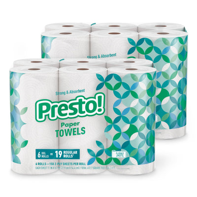 Presto! Flex-a-Size Paper Towels, 158 Sheet Huge Roll, 12 Rolls (2 Packs of 6), Equivalent to 38 Regular Rolls, White