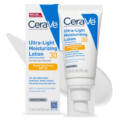 CeraVe Ultra-Light Moisturizing Lotion With SPF 30, Daily Face Moisturizer with SPF, Formulated with Hyaluronic Acid & Ceramides, Broad Spectrum SPF, Oil Free, Matte Finish, 1.7 Ounce