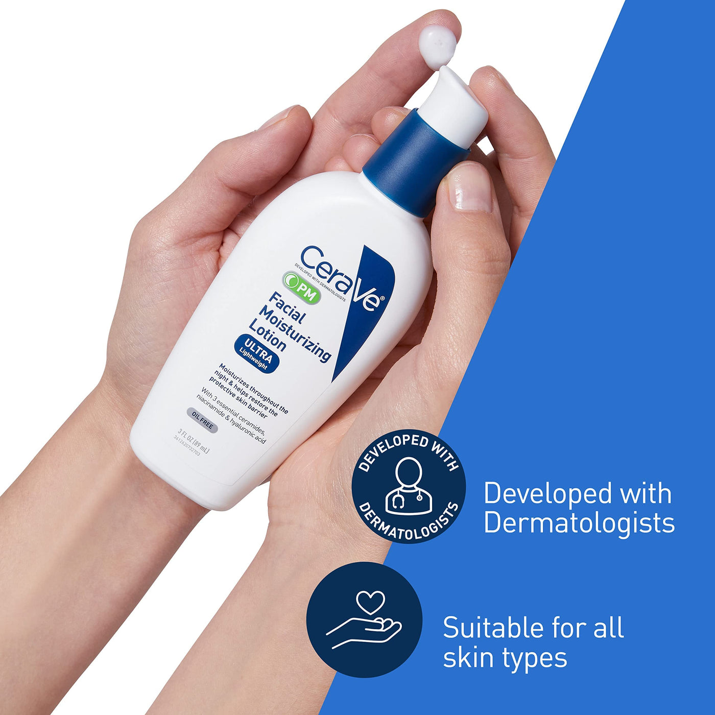 CeraVe PM Facial Moisturizing Lotion, Night Cream with Hyaluronic Acid and Niacinamide, Ultra-Lightweight, Oil-Free Moisturizer for Face, 3 Ounce